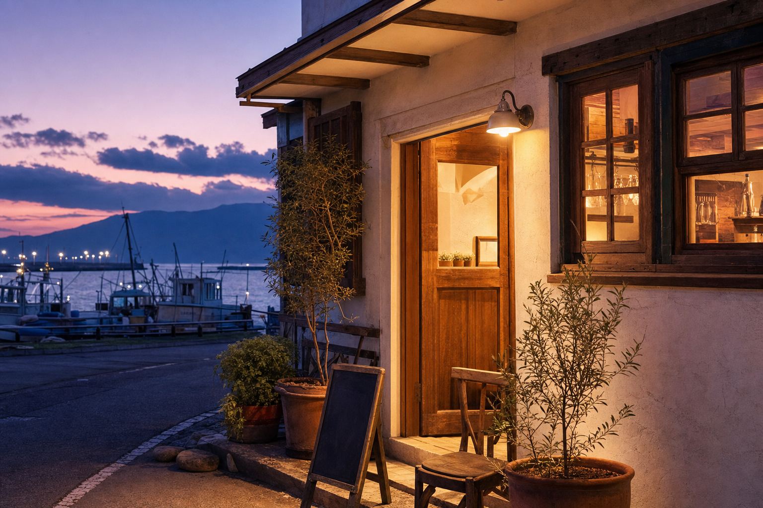 夕暮れの漁港のそばに灯りのともる、小さなお店の入口