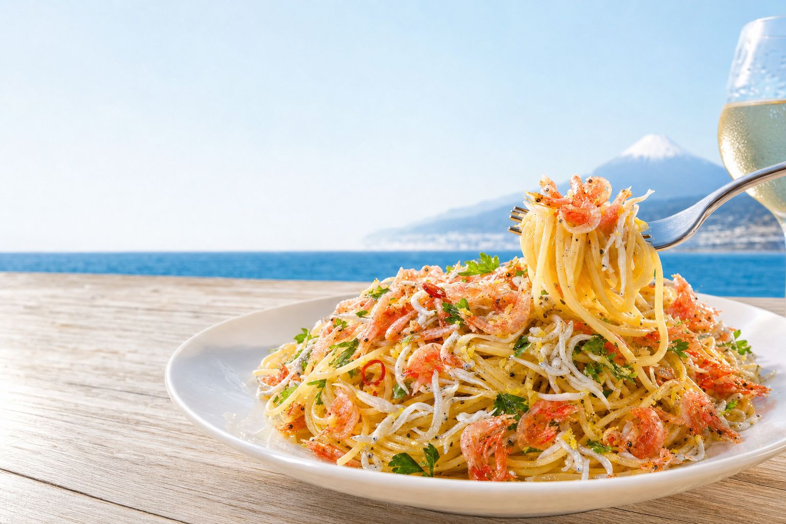 駿河湾と富士山を望むテラス席の、桜えびとしらすのパスタと白ワイン